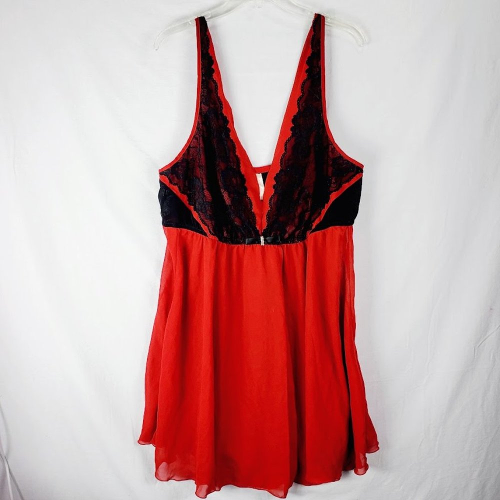 Cacique Red Chiffon w Black Lace Chemise Nightie Nightgown 26 28